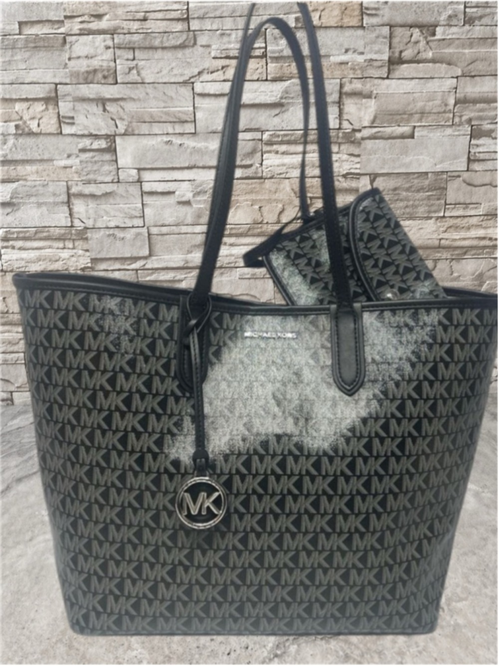 Michael Kors Eliza XL Tote + Pouch & Wallet Set MK Signature Logo Black Metallic - Picture 3 of 10